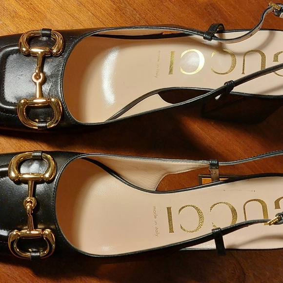 GUCCI Black Midheel Slingback Leather Pumps w/ Block Heels Horsebit Size 40 / 10 - Picture 2 of 8